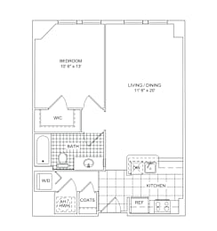 A floor plan of a house with a bedroom, bathroom, living/dining area, kitchen, and a workspace.