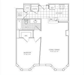 A floor plan of a small apartment with a bedroom, bathroom, kitchen, and living room.