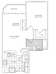 A floor plan of a house with a balcony, bedroom, living/dining area, bathroom, kitchen, and optional fireplace.