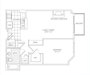 A floor plan of a small apartment with a kitchen, living room, dining room, bedroom, and bathroom.