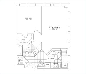 A floor plan of a small apartment with a bedroom, living/dining area, kitchen, bathroom, and a WC.
