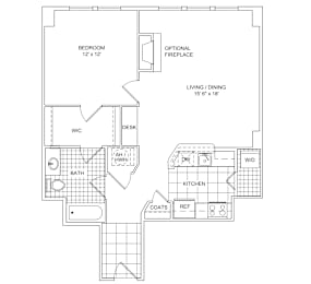 A floor plan of a house with a bedroom, bathroom, kitchen, and living room.