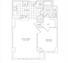 A floor plan of a house with a living room, dining room, kitchen, bathroom, and bedrooms.