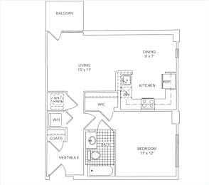 A floor plan of a house with a living room, dining room, kitchen, bathroom, and bedroom.