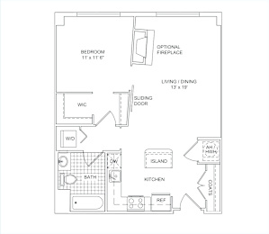 A floor plan of a small apartment with a bedroom, living room, kitchen, and bathroom.