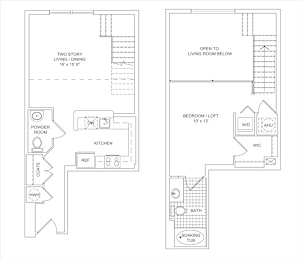 A floor plan of a two-story living space with a powder room, kitchen, and bedroom/loft.