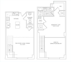 A floor plan of a home with a kitchen, bathroom, and two story living/dining area.
