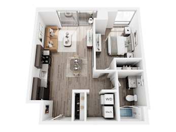 A top down view of a small apartment with a kitchen, living room, and bathroom.