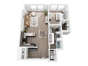 A top-down view of a modern, well-organized kitchen and living room.