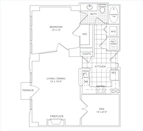 A floor plan of a house with a den, bath, and kitchen.