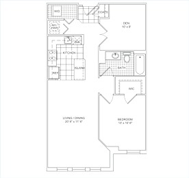 A floor plan of a small apartment with a living room, dining area, kitchen, bathroom, and bedroom.