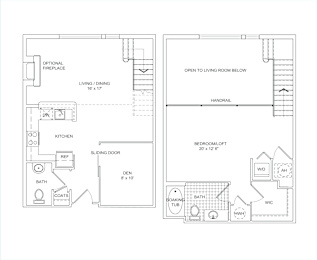 A floor plan of a house with a living area, kitchen, bathroom, and bedroom.