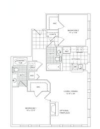 A floor plan of a home with two bedrooms, a living area, a kitchen, a bathroom, and a soaking tub.