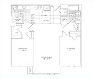 A floor plan of a house with two bedrooms, a living room, kitchen, bathroom, and a soaking tub.