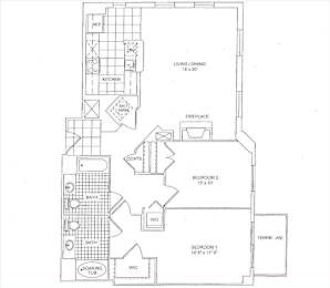 A floor plan of a house with two bedrooms, a living area, a kitchen, a fireplace, a bathroom, a washer and dryer, and a garage.