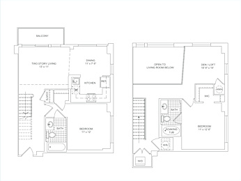 A floor plan of a two-story home with a balcony, living room, kitchen, bathroom, and bedroom.