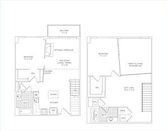 A floor plan of a two bedroom apartment with a living room, kitchen, and bathroom.