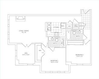 A floor plan of a house with a living room, dining room, kitchen, bathrooms, and two bedrooms.