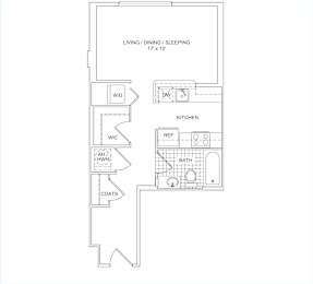 A floor plan of a small apartment with a living room, kitchen, bathroom, and coats storage.