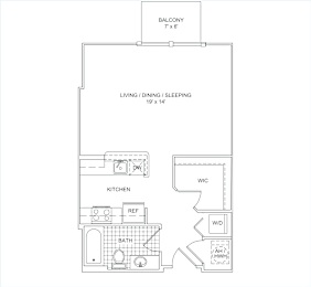 A floor plan of a small apartment with a living room, kitchen, bathroom and bedroom.