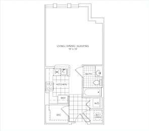 A floor plan of a small apartment with a living room, kitchen, bathroom, and a workspace.