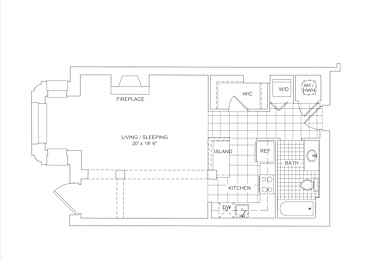 A floor plan of a house with a living/sleeping area, kitchen, bath, and fireplace.