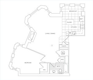 A floor plan of a house with a breakfast area, kitchen, living room, dining room, bedroom, bathroom, and laundry room.