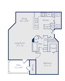 A floor plan of a house with a living room, dining room, kitchen, bathroom, and two bedrooms.