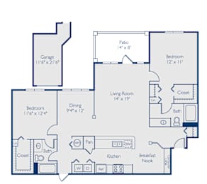 A blueprint of a house layout with labeled rooms and dimensions.