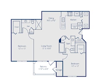 A blueprint of a house layout with a living room, dining room, kitchen, and two bedrooms.