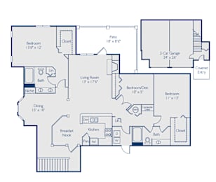 A blueprint of a house layout with labeled rooms and dimensions.