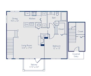 A floor plan of a small apartment with a living room, dining room, kitchen, bathroom, and two closets.