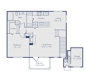 A floor plan of a house with a living room, dining room, kitchen, bedroom, bathroom, and balcony.