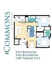 A floor plan for a two bedroom, two bathroom apartment at Commons at Drum Hill.