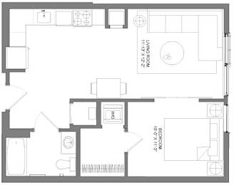 Floor Plan  A floor plan of a house with a living room, dining room, kitchen, and two bedrooms.