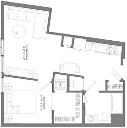 Floor Plan  A floor plan of a house with a bedroom, living room, and kitchen.