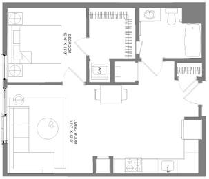 Floor Plan  A floor plan of a house with a living room, two bedrooms, and a WC.