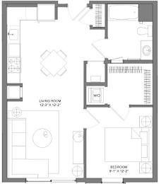 Floor Plan  A floor plan of a living space with a living room and bedroom.
