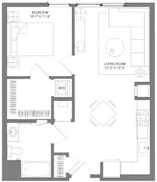Floor Plan  A floor plan of a small apartment with a bedroom, living room, and a workspace.