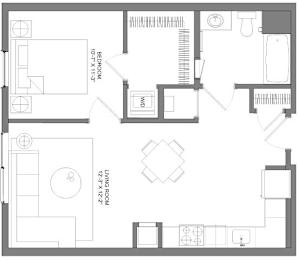 Floor Plan  A floor plan of a house with a living room, a bedroom, and a WC.