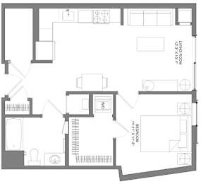 Floor Plan  A floor plan of a house with a bedroom, bathroom, and living room.