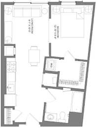 Floor Plan  A floor plan of a house with a bedroom, a living room, a kitchen, and a bathroom.