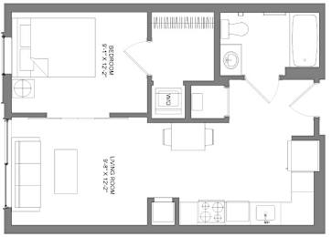 Floor Plan  A floor plan of a living room, bedroom, and bathroom.