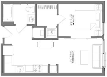 Floor Plan  A floor plan of a house with a living room, dining room, kitchen, and two bedrooms.