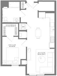 Floor Plan  A floor plan of a house with a kitchen, living room, and bathrooms.