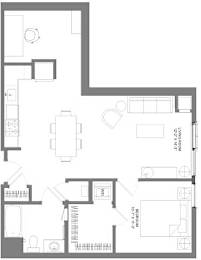 Floor Plan  A floor plan of a house with a kitchen, living room, and two bedrooms.