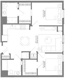 Floor Plan  A floor plan of a house with a living room, two bedrooms, a bathroom, and a kitchen.