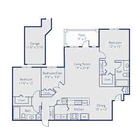 A blueprint of a house layout with labeled rooms and dimensions.