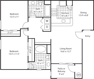 A floor plan of a house with a living room, two bedrooms, a patio, a kitchen, a dining room, and a bathroom.