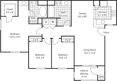 A floor plan of a house with a living room, two bedrooms, a kitchen, a dining room, a bathroom, and a closet.